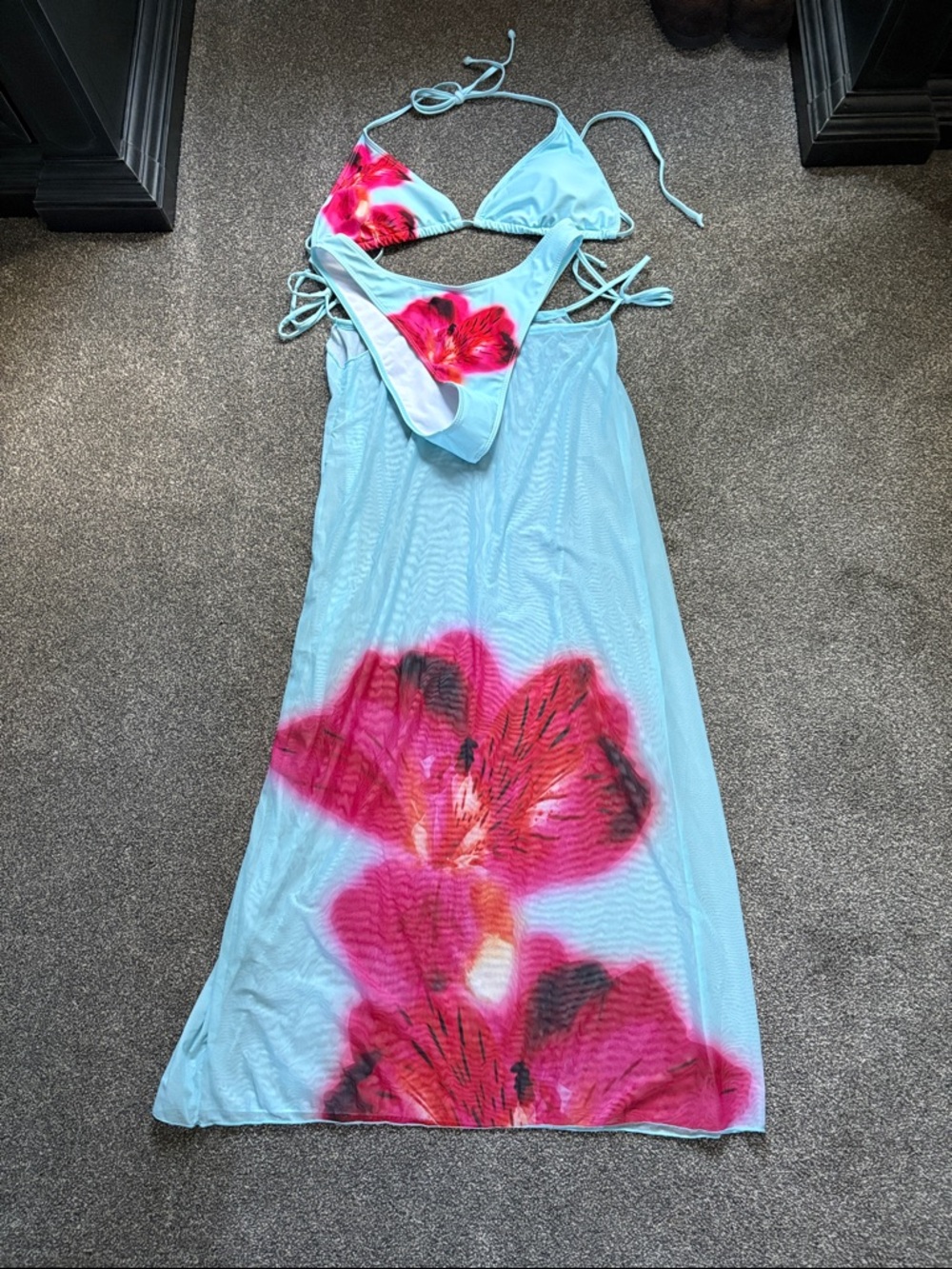 Aqua Maxi Dress with Pink Floral Print and Bikini Top